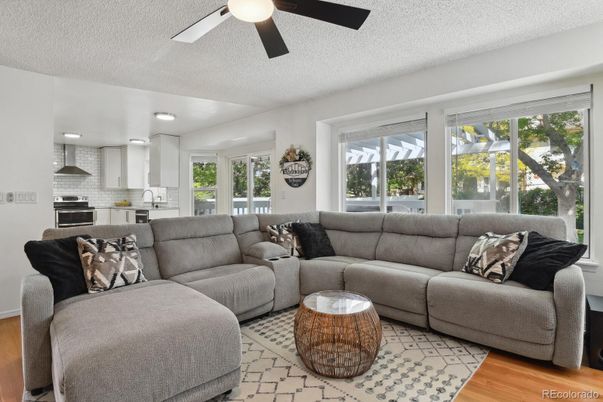 Interior, Kitchen, Living room, Recessed Lighting, Stainless Steel Appliances, Wood Texture Flooring