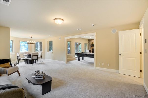 Billiard Table, Chandelier, Dining room, Game Room, Interior, Living room, Pendant Lights, Recessed Lighting