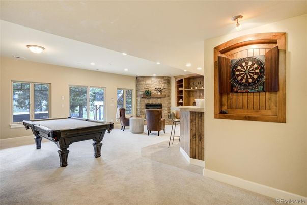 Billiard Table, Fireplace, Game Room, Interior, Recessed Lighting, Stone Walls