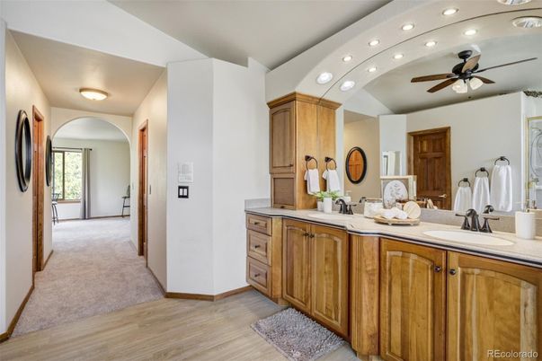 Bathroom, Dual Sink Vanities, Interior, Recessed Lighting, Wood Texture Flooring