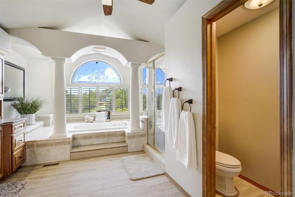 Bathroom, Glass Shower, Interior, Wood Texture Flooring