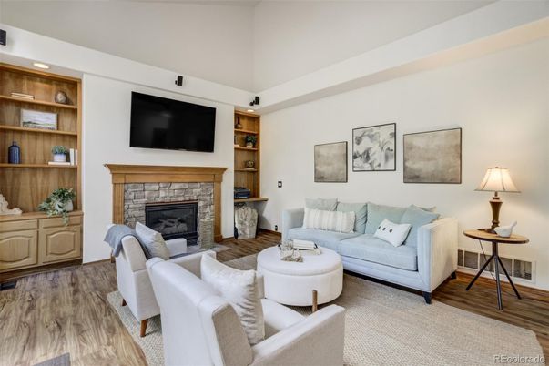 Fireplace, Interior, Living room, Recessed Lighting, Wood Texture Flooring