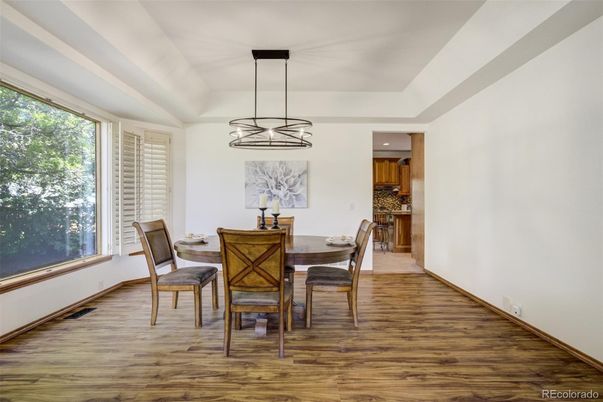 Dining room, Interior, Pendant Lights, Recessed Lighting, Wood Texture Flooring