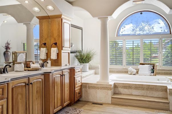 Bathroom, Dual Sink Vanities, Interior, Recessed Lighting, Wood Texture Flooring