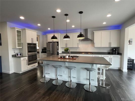 Interior, Kitchen, Pendant Lights, Recessed Lighting, Stainless Steel Appliances, Wood Texture Flooring