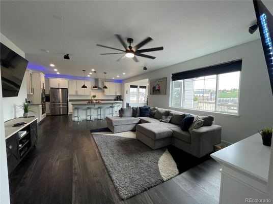 Interior, Kitchen, Living room, Pendant Lights, Recessed Lighting, Stainless Steel Appliances, Wood Texture Flooring
