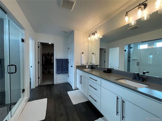 Bathroom, Dual Sink Vanities, Glass Shower, Interior, Wood Texture Flooring