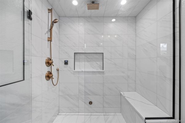 Bathroom, Glass Shower, Interior, Marble Walls, Recessed Lighting