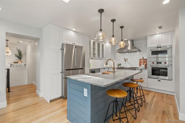 Interior, Kitchen, Pendant Lights, Recessed Lighting, Stainless Steel Appliances, Wood Texture Flooring