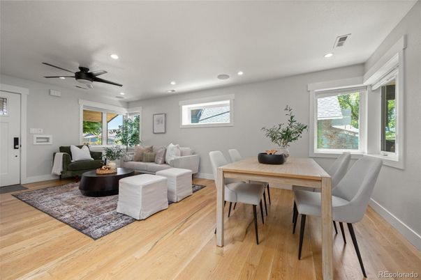 Dining room, Interior, Living room, Recessed Lighting, Wood Texture Flooring
