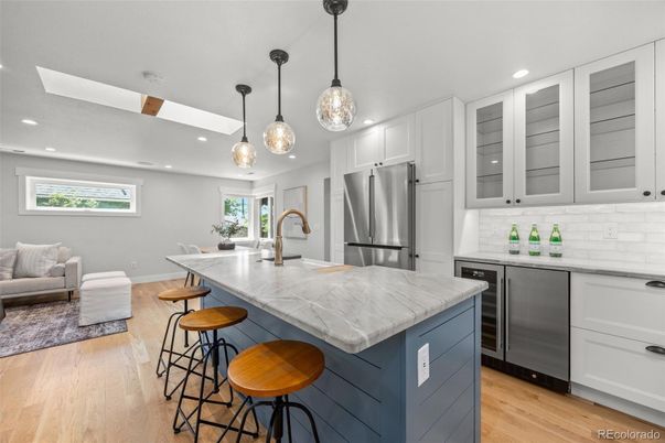 Interior, Kitchen, Living room, Pendant Lights, Recessed Lighting, Stainless Steel Appliances, Wood Texture Flooring