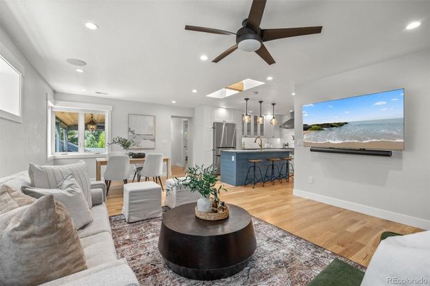 Dining room, Interior, Kitchen, Living room, Pendant Lights, Recessed Lighting, Stainless Steel Appliances, Wood Texture Flooring