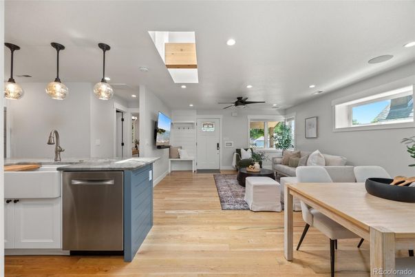 Dining room, Interior, Kitchen, Living room, Pendant Lights, Recessed Lighting, Stainless Steel Appliances, Wood Texture Flooring