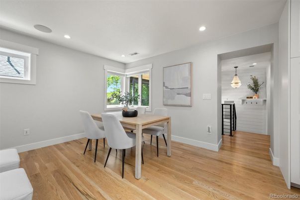 Dining room, Interior, Pendant Lights, Recessed Lighting, Wood Texture Flooring