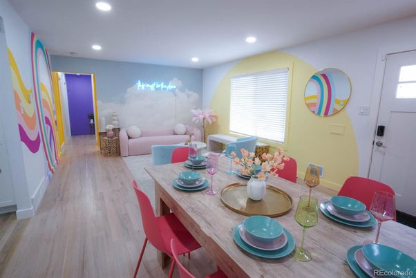 Dining room, Interior, Recessed Lighting, Wood Texture Flooring