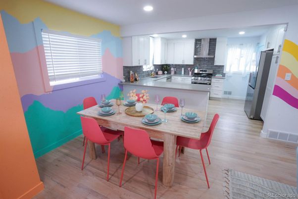 Dining room, Interior, Kitchen, Recessed Lighting, Wood Texture Flooring