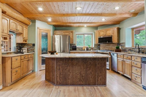 Interior, Kitchen, Recessed Lighting, Stainless Steel Appliances, Wooden Beams, Wooden Ceilings, Wood Texture Flooring