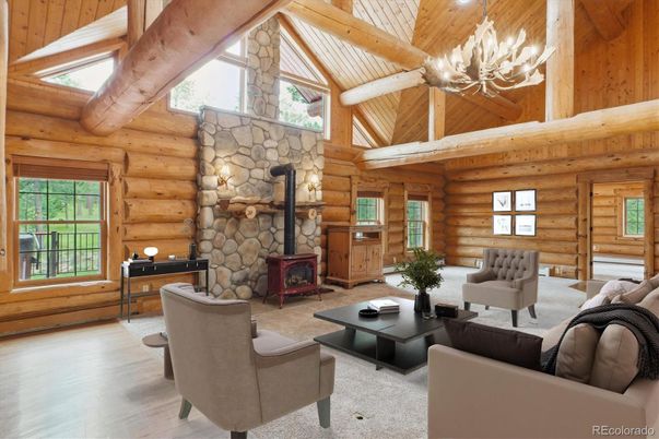 Chandelier, Fireplace, Interior, Living room, Stone Walls, Wooden Beams, Wooden Ceilings, Wood Texture Flooring, Wooden Walls