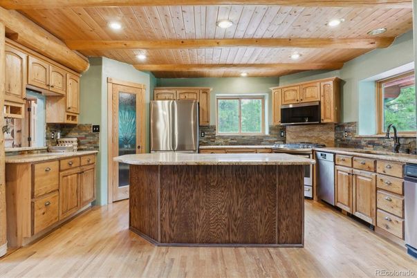 Interior, Kitchen, Recessed Lighting, Stainless Steel Appliances, Wooden Beams, Wooden Ceilings, Wood Texture Flooring
