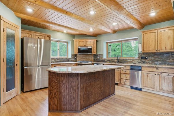 Interior, Kitchen, Recessed Lighting, Stainless Steel Appliances, Wooden Beams, Wooden Ceilings, Wood Texture Flooring
