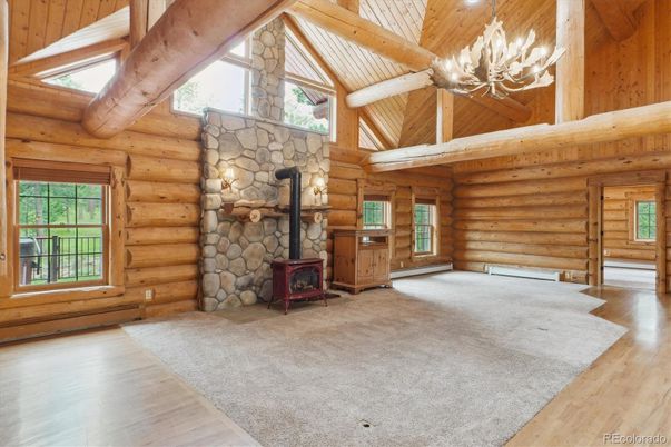 Chandelier, Empty room, Fireplace, Interior, Wooden Beams, Wooden Ceilings, Wood Texture Flooring, Wooden Walls