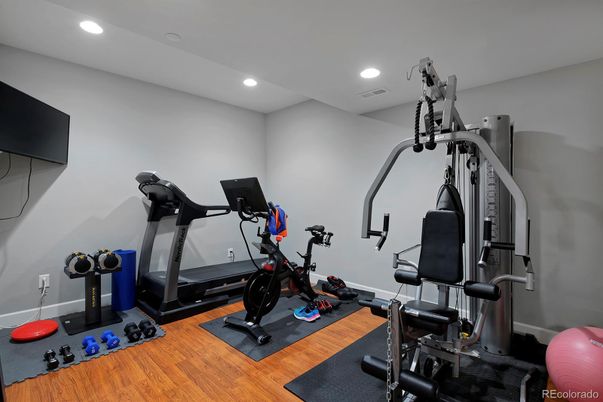 Fitness Equipment, Interior, Recessed Lighting, Wood Texture Flooring