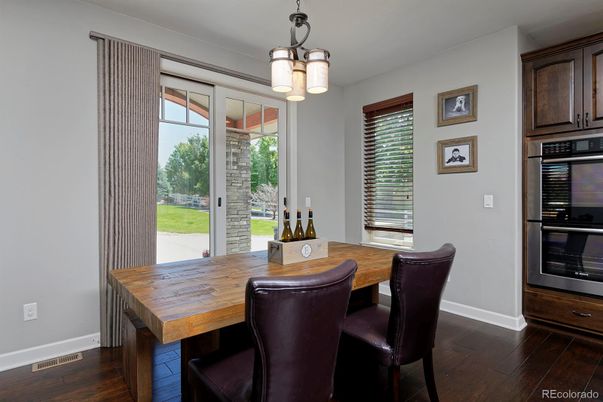 Dining room, Interior, Pendant Lights, Wood Texture Flooring