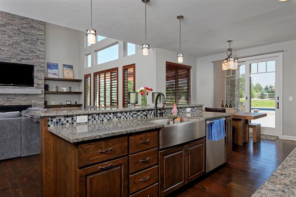 Interior, Kitchen, Pendant Lights, Stone Walls, Wood Texture Flooring