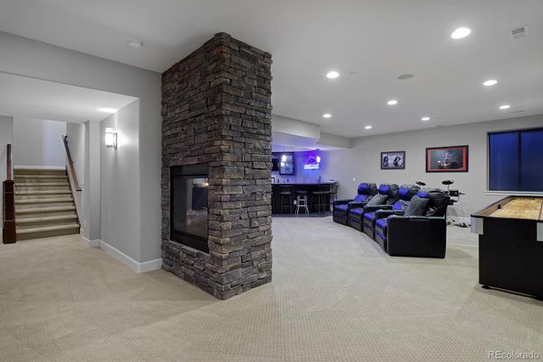 Fireplace, Interior, Living room, Recessed Lighting, Stone Walls