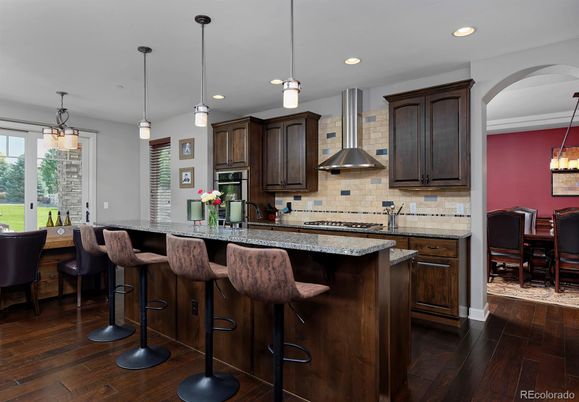 Dining room, Interior, Kitchen, Pendant Lights, Recessed Lighting, Wood Texture Flooring