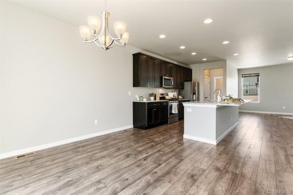 Chandelier, Interior, Kitchen, Recessed Lighting, Wood Texture Flooring
