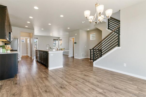 Chandelier, Interior, Kitchen, Recessed Lighting, Wood Texture Flooring