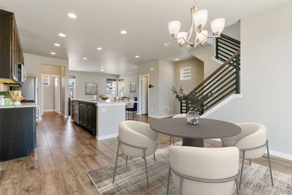 Chandelier, Dining room, Interior, Kitchen, Recessed Lighting, Wood Texture Flooring
