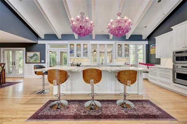 Chandelier, Interior, Kitchen, Stainless Steel Appliances, Wood Texture Flooring