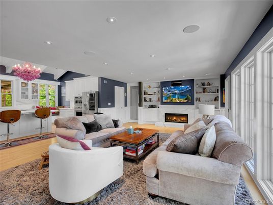 Fireplace, Interior, Living room, Recessed Lighting, Wood Texture Flooring