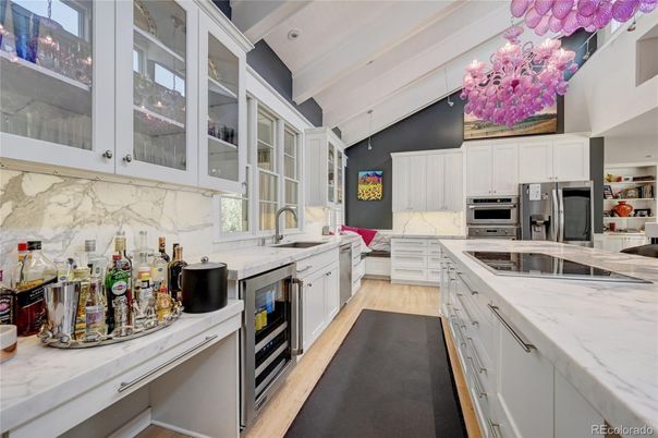 Interior, Kitchen, Marble Walls, Stainless Steel Appliances, Wood Texture Flooring