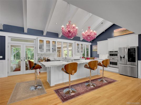 Chandelier, Interior, Kitchen, Recessed Lighting, Stainless Steel Appliances, Wood Texture Flooring
