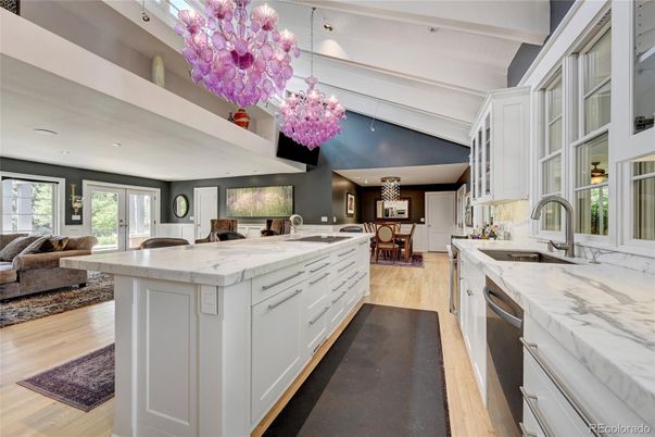 Chandelier, Dining room, Interior, Kitchen, Living room, Pendant Lights, Recessed Lighting, Wood Texture Flooring