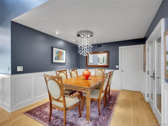 Chandelier, Dining room, Interior, Recessed Lighting, Wood Texture Flooring