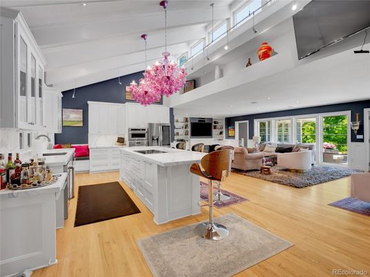 Chandelier, Interior, Kitchen, Living room, Pendant Lights, Recessed Lighting, Stainless Steel Appliances, Wood Texture Flooring