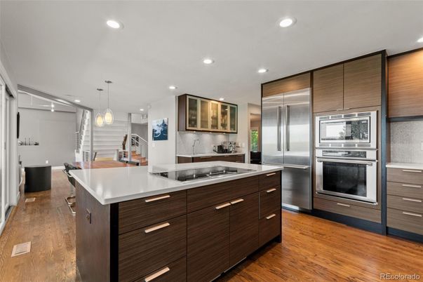 Interior, Kitchen, Pendant Lights, Recessed Lighting, Stainless Steel Appliances, Wood Texture Flooring