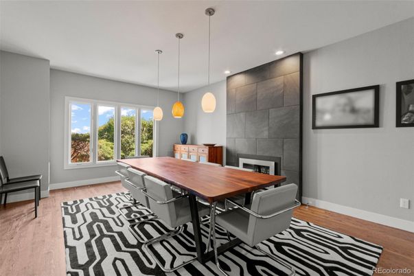 Dining room, Interior, Pendant Lights, Recessed Lighting, Wood Texture Flooring