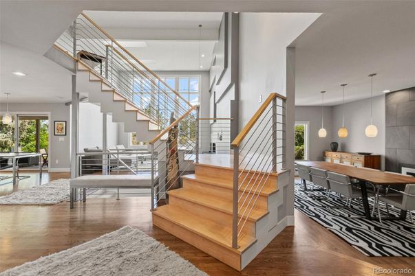 Dining room, Interior, Pendant Lights, Recessed Lighting, Wood Texture Flooring