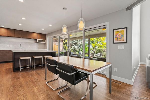 Dining room, Interior, Kitchen, Pendant Lights, Recessed Lighting, Wood Texture Flooring