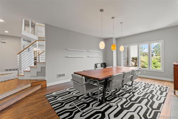 Dining room, Interior, Pendant Lights, Recessed Lighting, Wood Texture Flooring