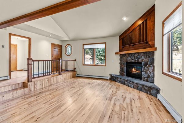 Fireplace, Interior, Recessed Lighting, Wood Texture Flooring
