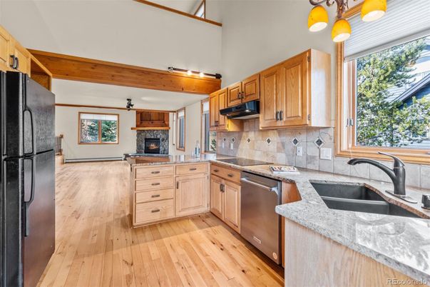 Fireplace, Interior, Kitchen, Wood Texture Flooring