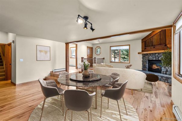 Dining room, Fireplace, Interior, Living room, Wood Texture Flooring