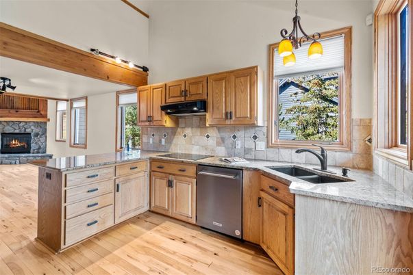 Fireplace, Interior, Kitchen, Pendant Lights, Wood Texture Flooring