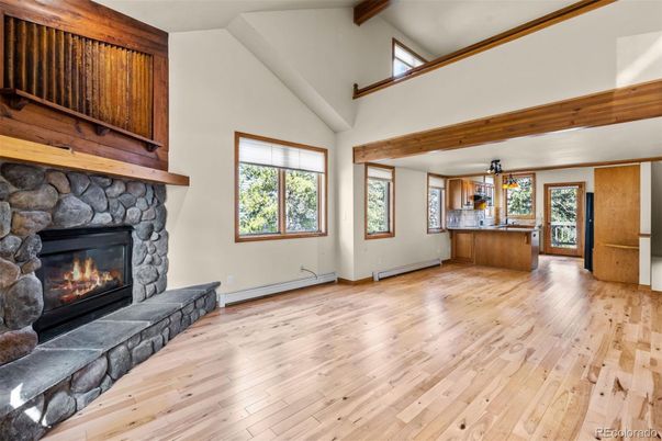 Fireplace, Interior, Pendant Lights, Wooden Beams, Wood Texture Flooring